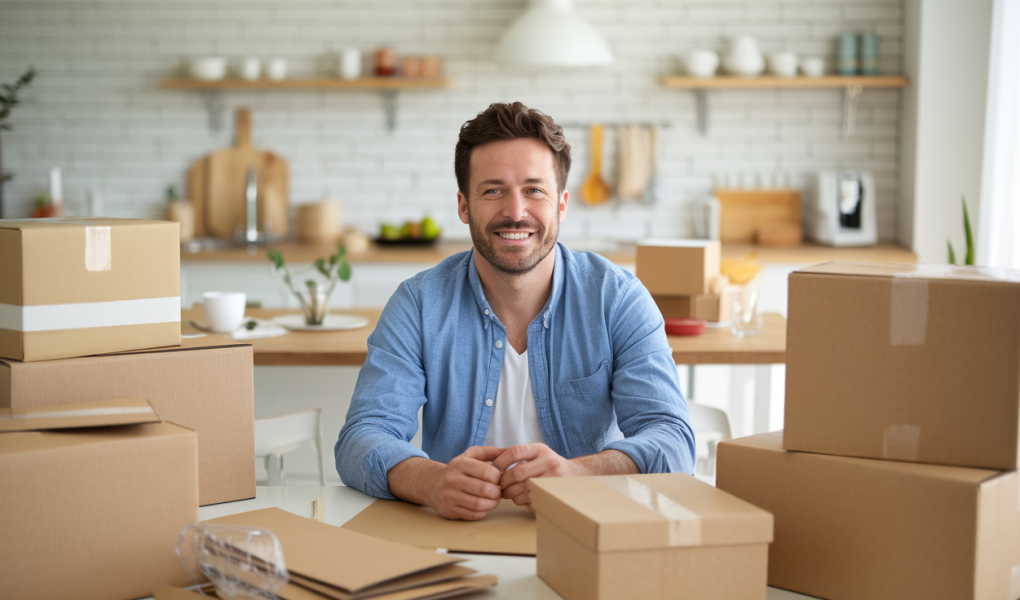 homme-souriant-table-boites-cuisine