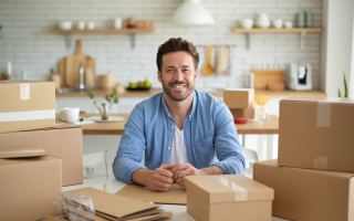 homme-souriant-table-boites-cuisine