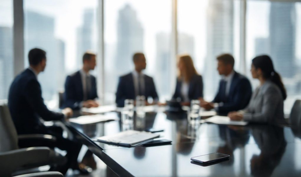 silhouettes-professionnels-table-conference-gratte-ciel