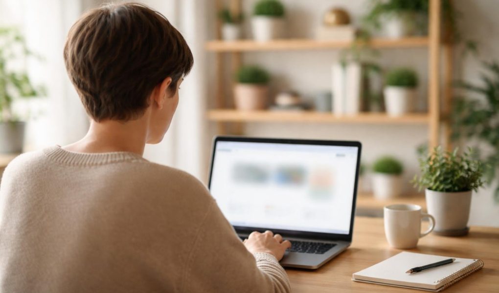 personne-dos-ordinateur-etagere-plantes