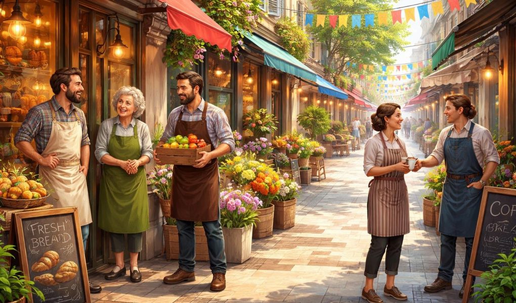 commercants-discutent-rue-pietonne-bannieres