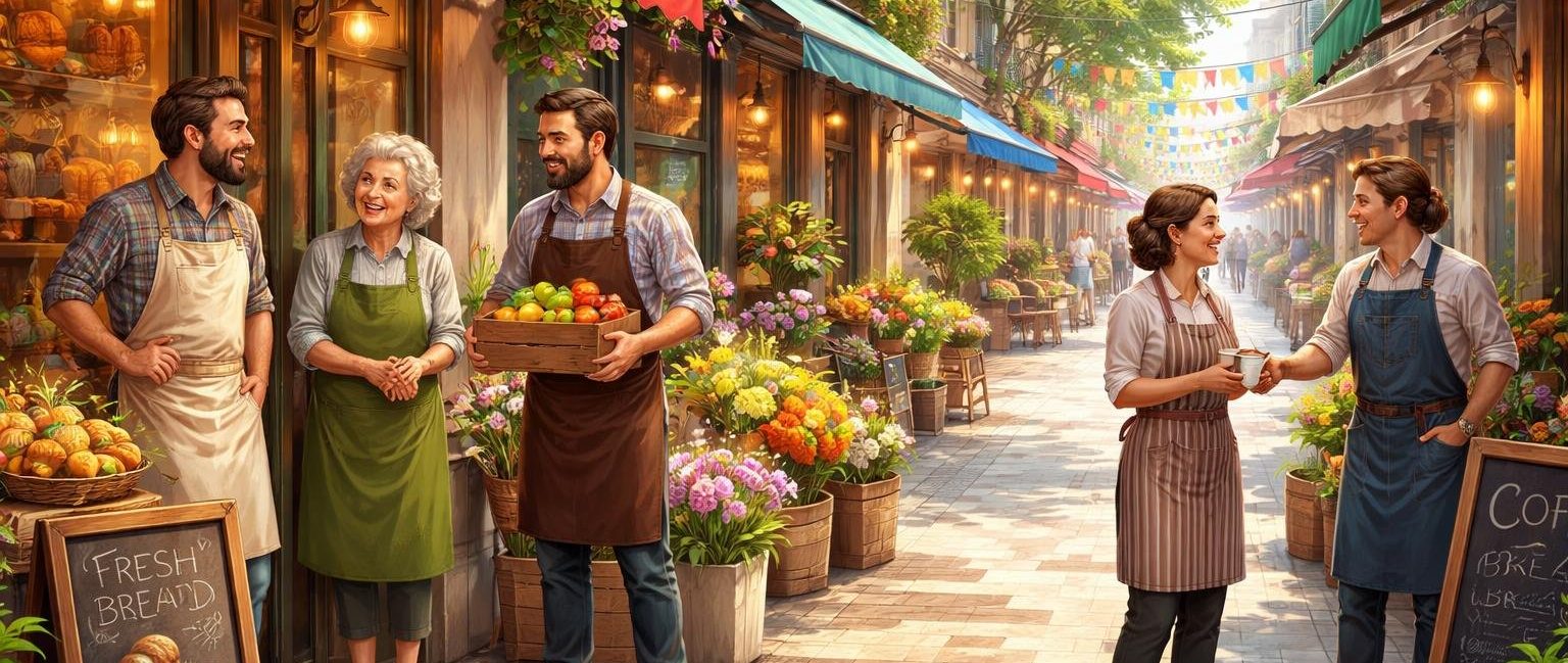 commercants-discutent-rue-pietonne-bannieres