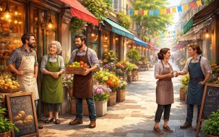 commercants-discutent-rue-pietonne-bannieres