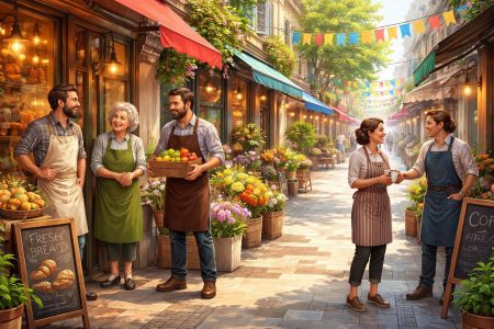 commercants-discutent-rue-pietonne-bannieres