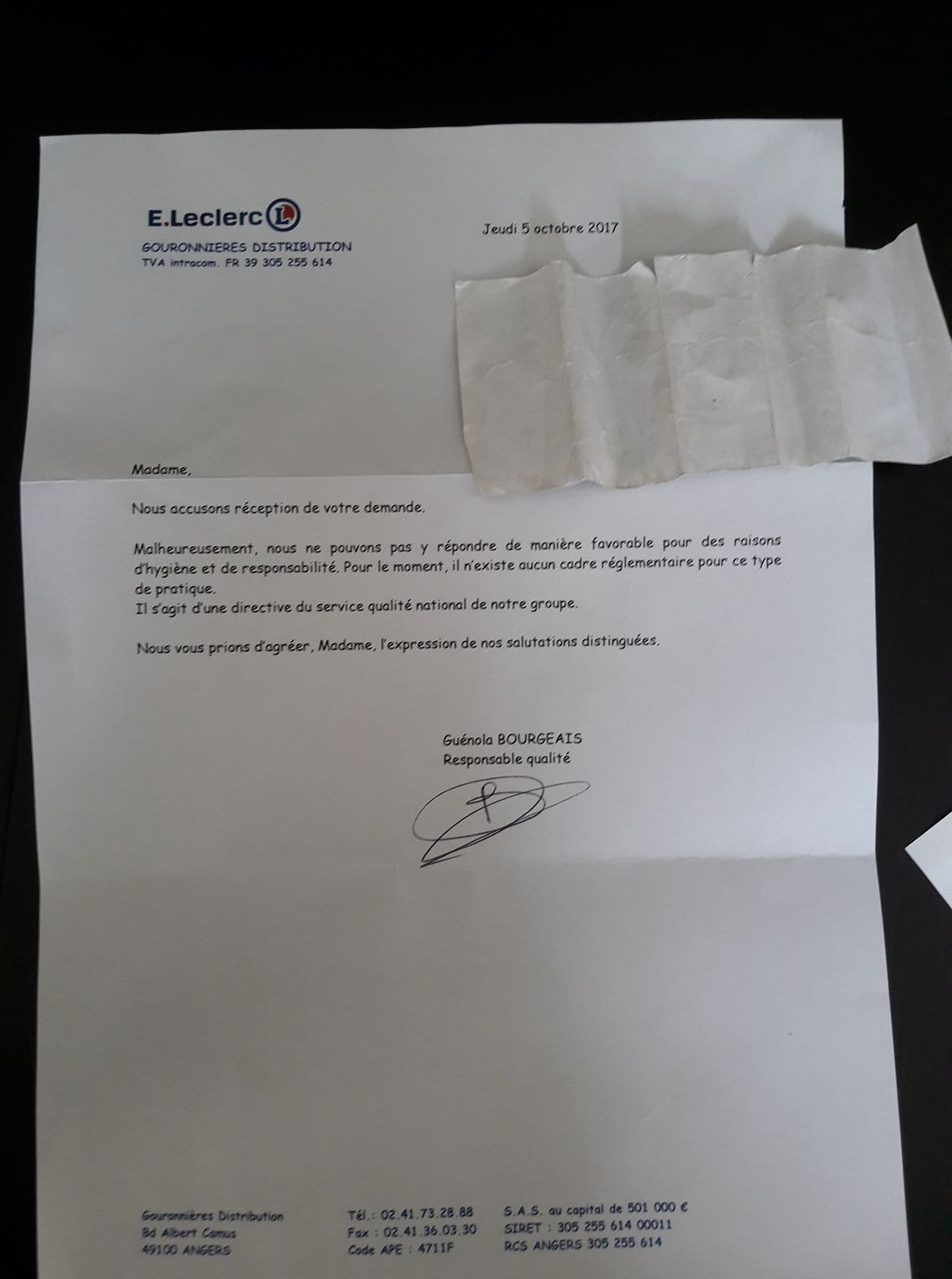 Lettre de refus à l'utilisation de ses propres contenants Lettre de refus à l'utilisation de ses propres contenants